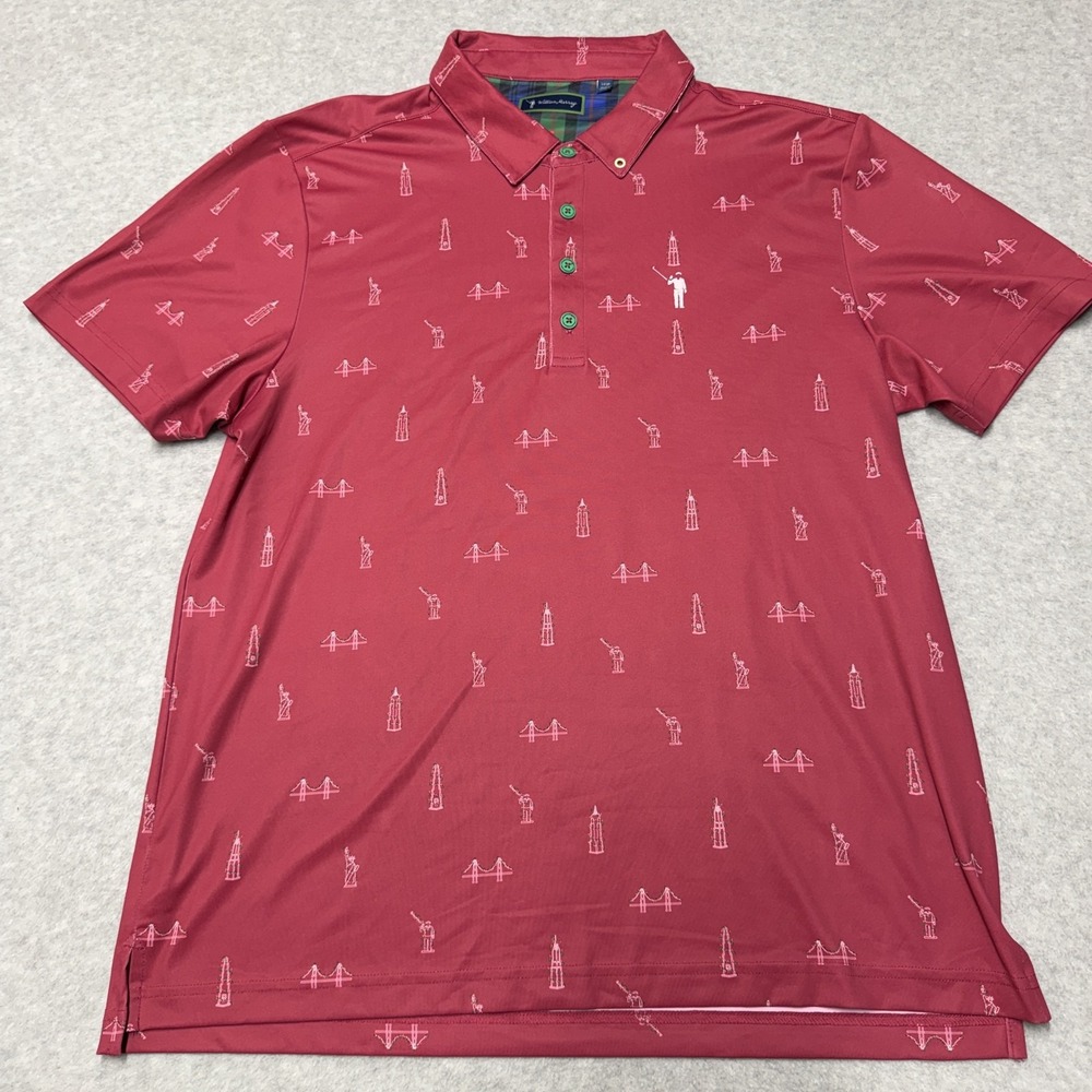 William Murray Polo Shirt Mens Large Red Landmark Print Golf Performance Stretch